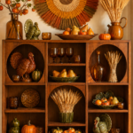 retro harvest hutch display with Thanksgiving headline and warm amber autumn accents
