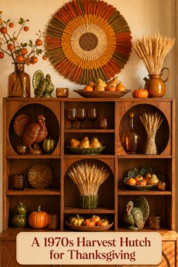 retro harvest hutch display with Thanksgiving headline and warm amber autumn accents