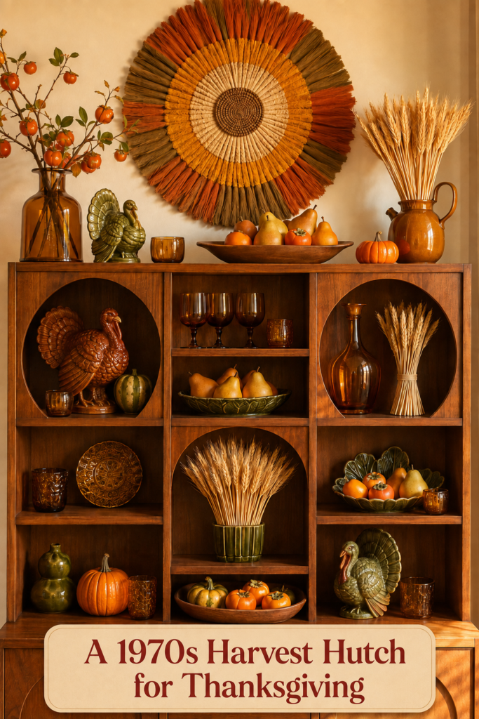 retro harvest hutch display with Thanksgiving headline and warm amber autumn accents