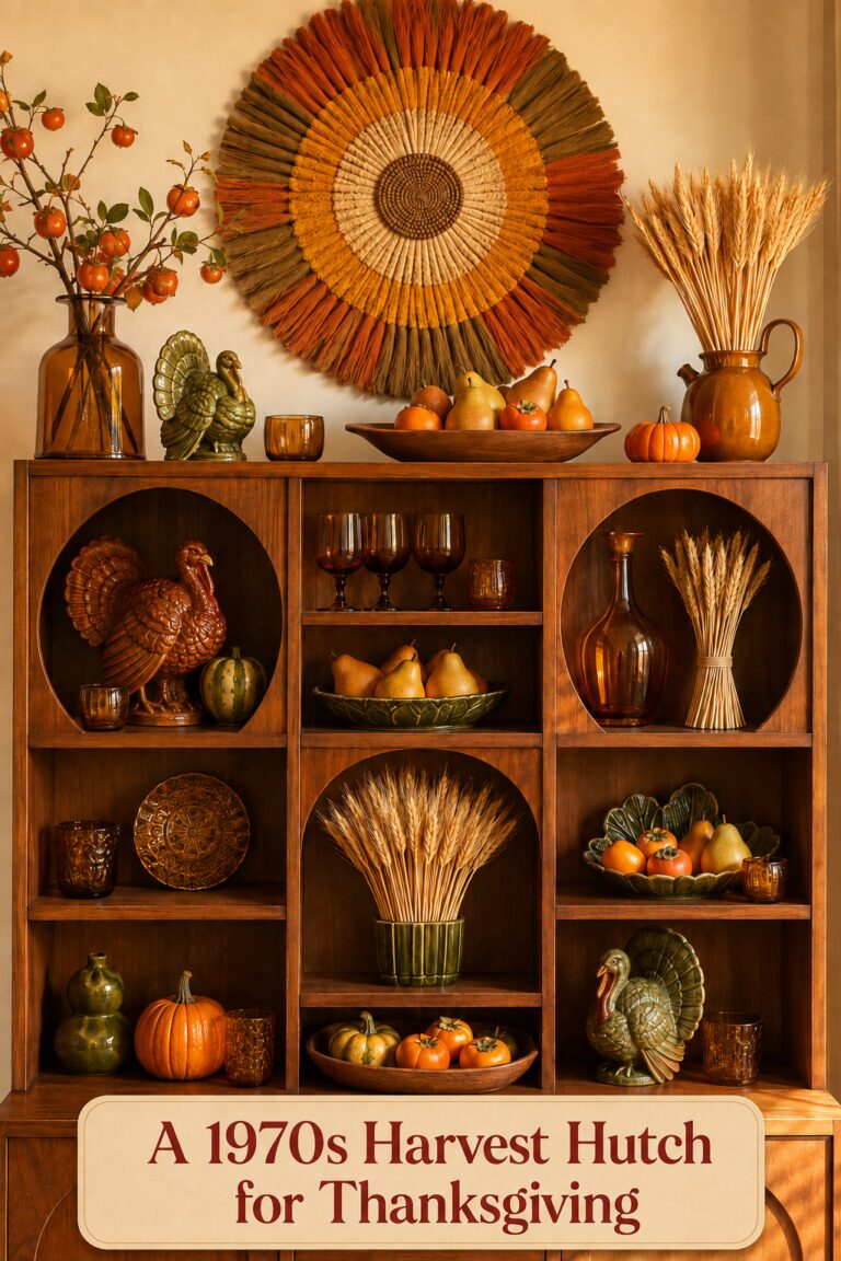 retro harvest hutch display with Thanksgiving headline and warm amber autumn accents