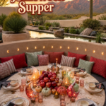 Candy apple Halloween supper headline above a round desert garden table with moon lights and red apple centerpiece
