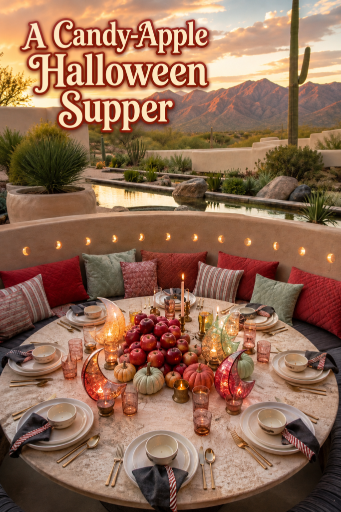Candy apple Halloween supper headline above a round desert garden table with moon lights and red apple centerpiece
