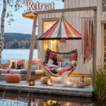 Candy ribbon Halloween retreat headline above a quilted hammock deck with moon lights and lakeside reflections