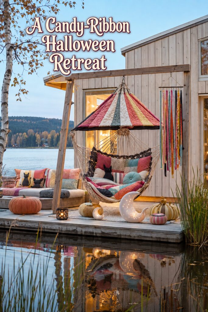 Candy ribbon Halloween retreat headline above a quilted hammock deck with moon lights and lakeside reflections