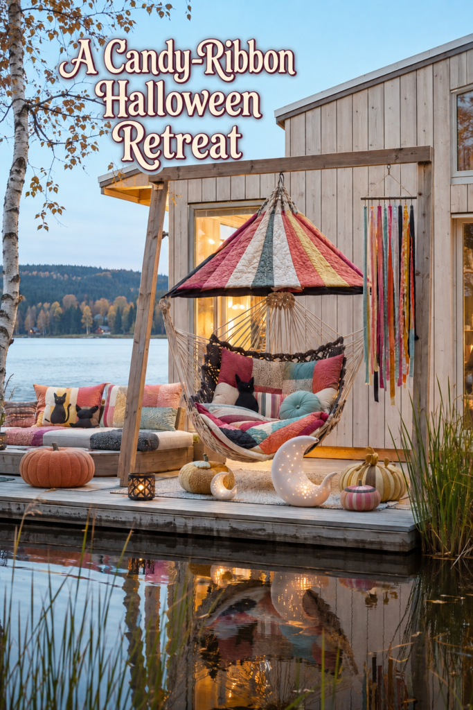 Candy ribbon Halloween retreat headline above a quilted hammock deck with moon lights and lakeside reflections