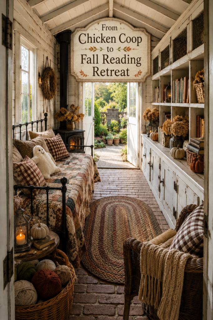 A Chicken Coop Turned Cozy Fall Reading Room with gingham pillows ghosts and an oval braided rug with daybed