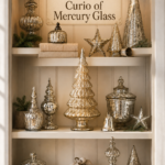Mercury glass holiday curio shelves with silver Christmas decorations and warm title text