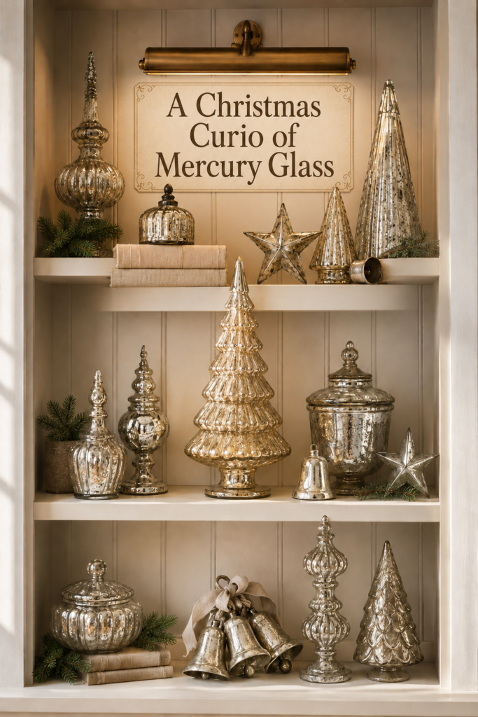 Mercury glass holiday curio shelves with silver Christmas decorations and warm title text