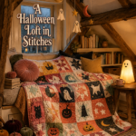 Halloween loft in stitches title above a quilted window seat with pumpkins moons cats ghosts and stars
