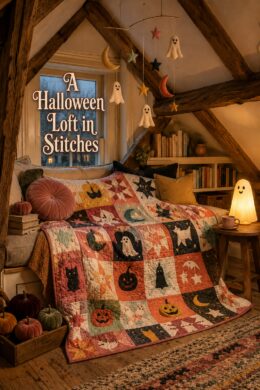 Halloween loft in stitches title above a quilted window seat with pumpkins moons cats ghosts and stars