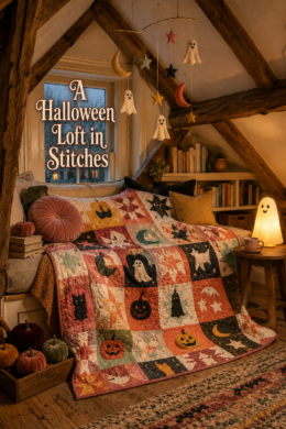 Halloween loft in stitches title above a quilted window seat with pumpkins moons cats ghosts and stars