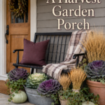 harvest garden porch with a black bench plaid throw planted cabbages and golden wheat bundles