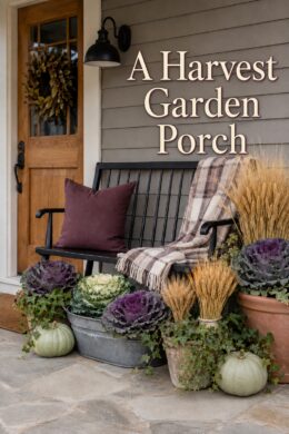 harvest garden porch with a black bench plaid throw planted cabbages and golden wheat bundles