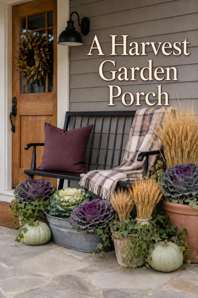 harvest garden porch with a black bench plaid throw planted cabbages and golden wheat bundles