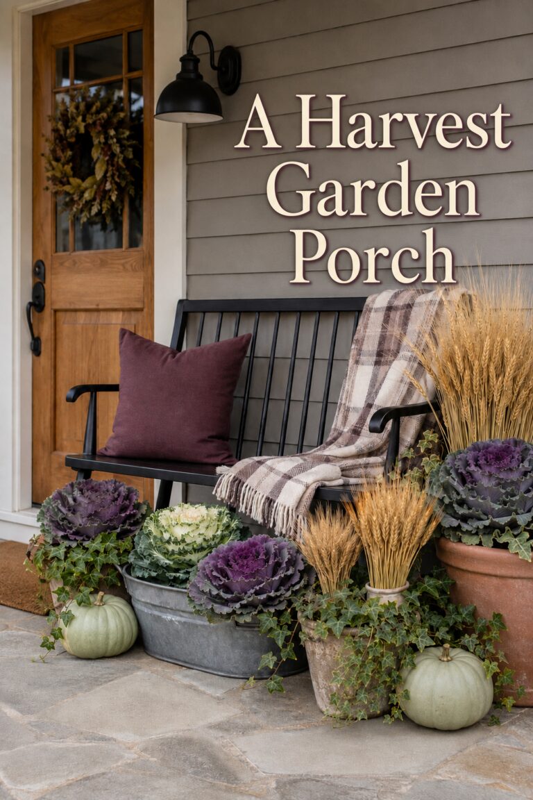 harvest garden porch with a black bench plaid throw planted cabbages and golden wheat bundles