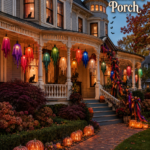 Jewel tone ghost lantern porch headline above a Victorian home with illuminated pumpkins and cascading Halloween ribbon