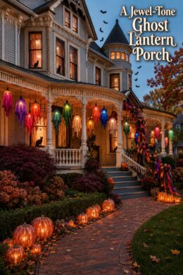 Jewel tone ghost lantern porch headline above a Victorian home with illuminated pumpkins and cascading Halloween ribbon