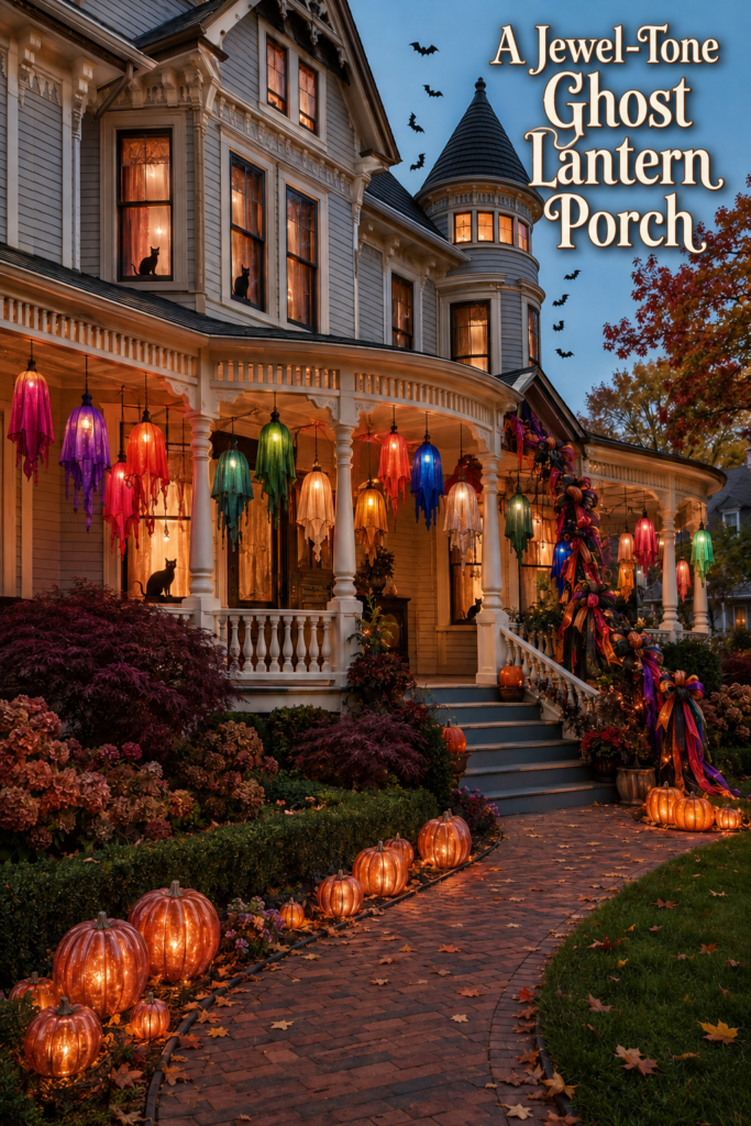 Jewel tone ghost lantern porch headline above a Victorian home with illuminated pumpkins and cascading Halloween ribbon