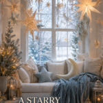 Starry Christmas window seat with illuminated paper decorations winter cushions and editorial headline