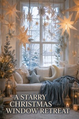 Starry Christmas window seat with illuminated paper decorations winter cushions and editorial headline