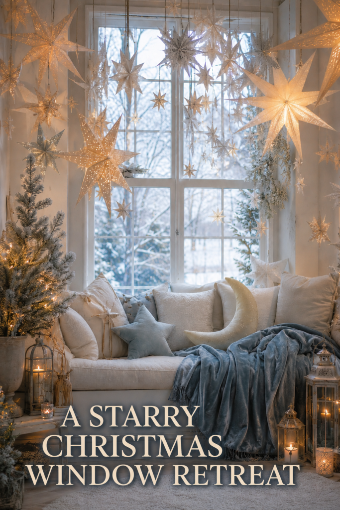 Starry Christmas window seat with illuminated paper decorations winter cushions and editorial headline