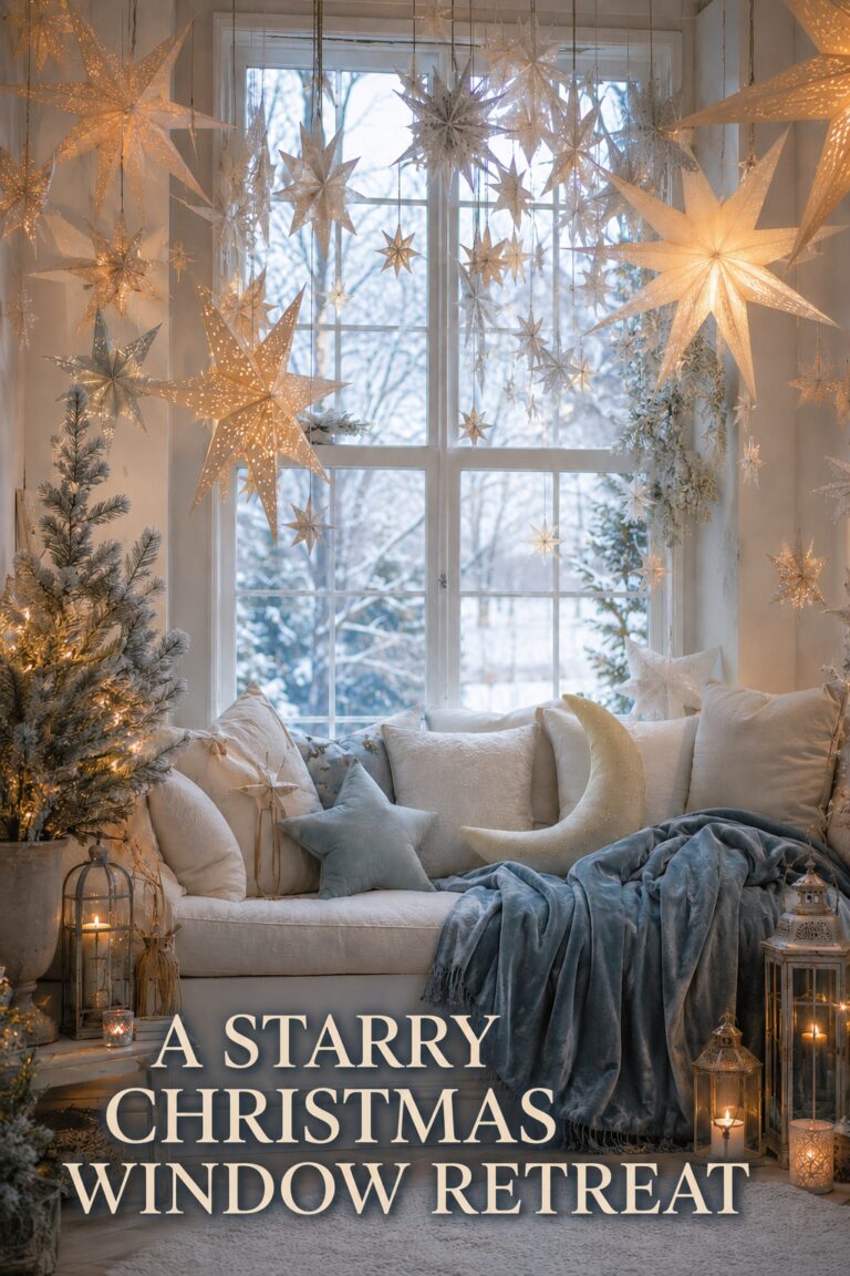 Starry Christmas window seat with illuminated paper decorations winter cushions and editorial headline