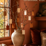 Thanksgiving gratitude tree with handmade paper tags in a warm terracotta sunroom