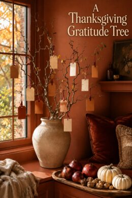 Thanksgiving gratitude tree with handmade paper tags in a warm terracotta sunroom