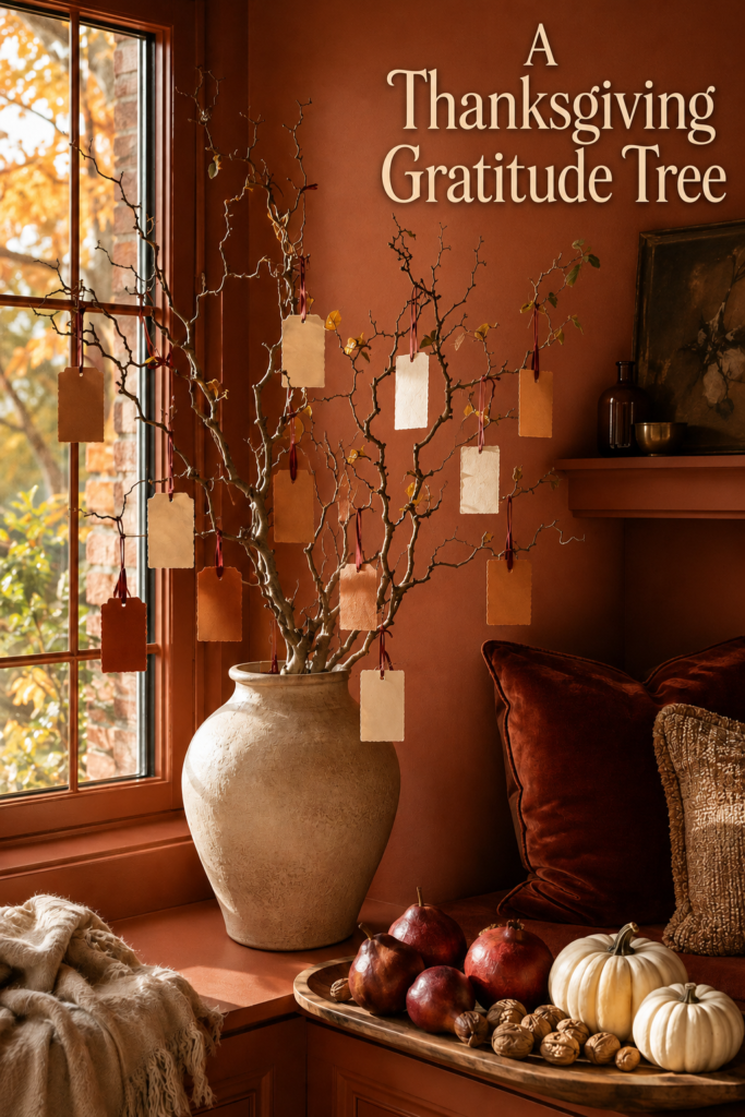 Thanksgiving gratitude tree with handmade paper tags in a warm terracotta sunroom