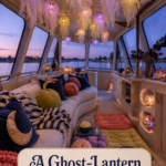 Ghost lantern houseboat retreat with layered floor seating jewel toned pumpkins celestial pillows and illuminated glass orbs