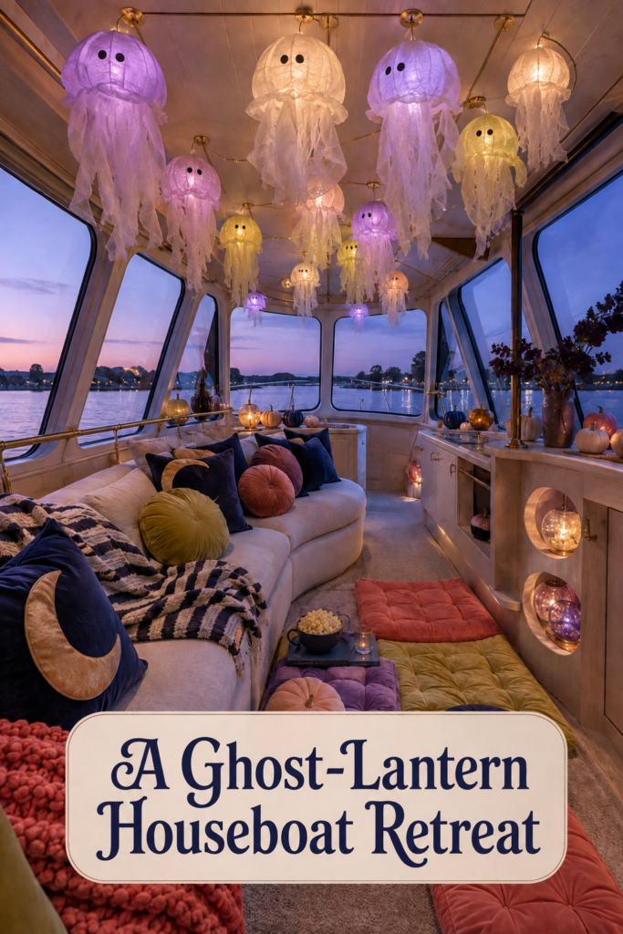 Ghost lantern houseboat retreat with layered floor seating jewel toned pumpkins celestial pillows and illuminated glass orbs