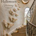 Enchanting Halloween staircase decorated with gold edged moths crescent moon lanterns and neutral pumpkins
