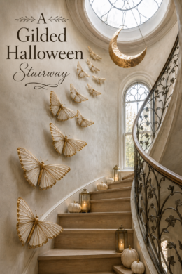 Enchanting Halloween staircase decorated with gold edged moths crescent moon lanterns and neutral pumpkins