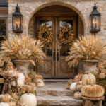 Gilded farmhouse harvest porch with champagne pumpkins wheat arrangements and warm title text