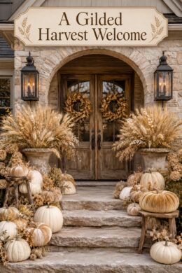 Gilded farmhouse harvest porch with champagne pumpkins wheat arrangements and warm title text