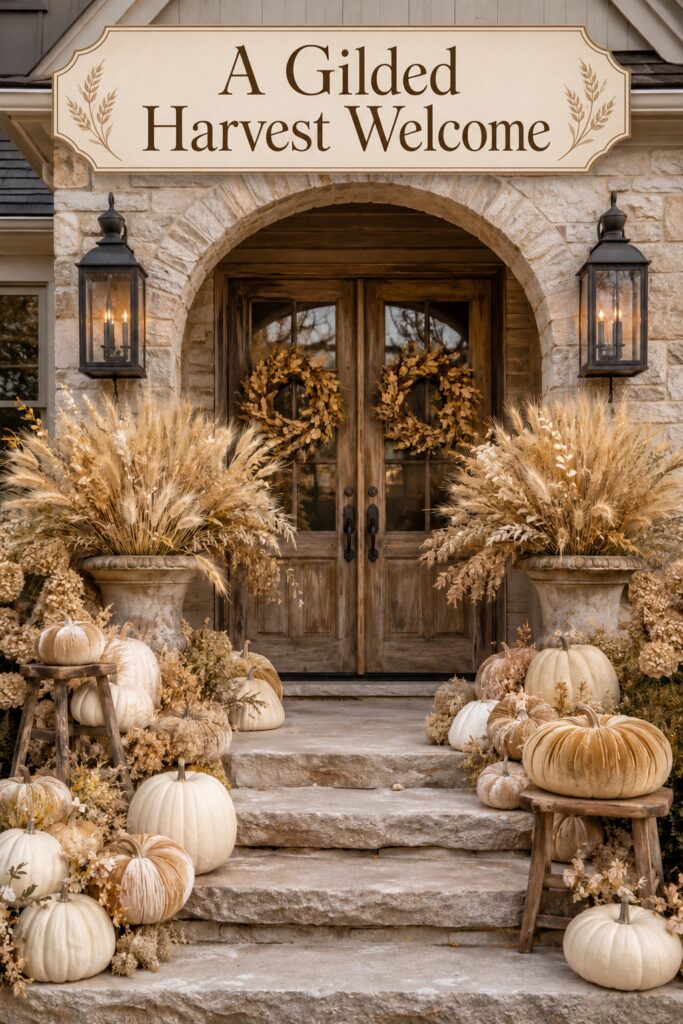 Gilded farmhouse harvest porch with champagne pumpkins wheat arrangements and warm title text