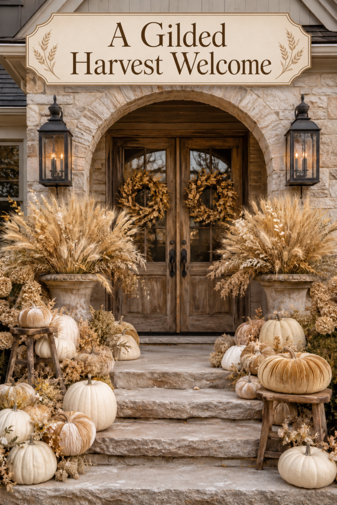 Gilded farmhouse harvest porch with champagne pumpkins wheat arrangements and warm title text
