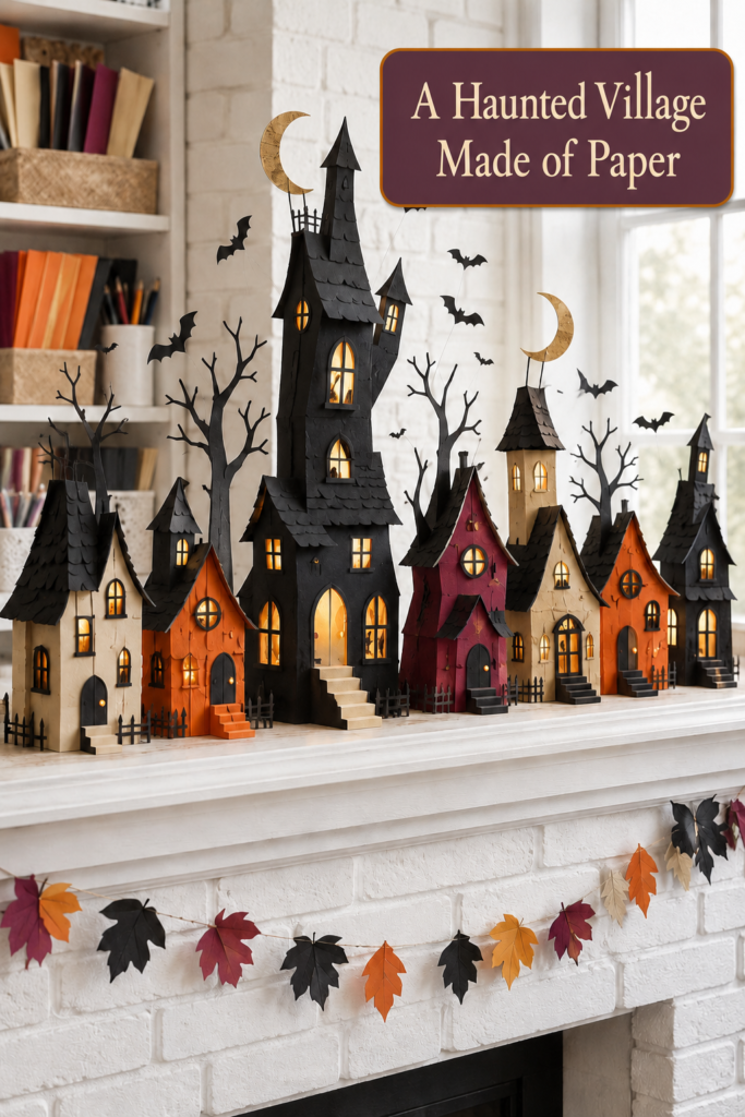 A haunted Halloween village made of paper