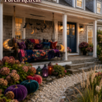 ewel tone Halloween porch retreat headline above a Cape Cod swing with velvet textiles crescent lights and garden pumpkins