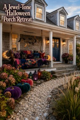 ewel tone Halloween porch retreat headline above a Cape Cod swing with velvet textiles crescent lights and garden pumpkins