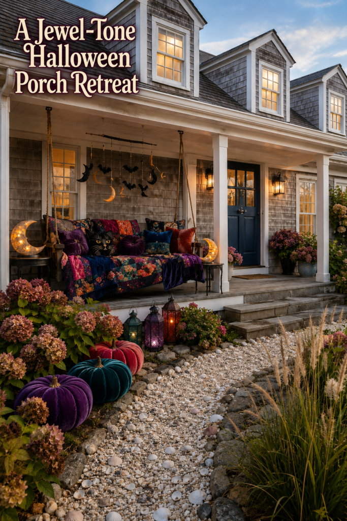 ewel tone Halloween porch retreat headline above a Cape Cod swing with velvet textiles crescent lights and garden pumpkins
