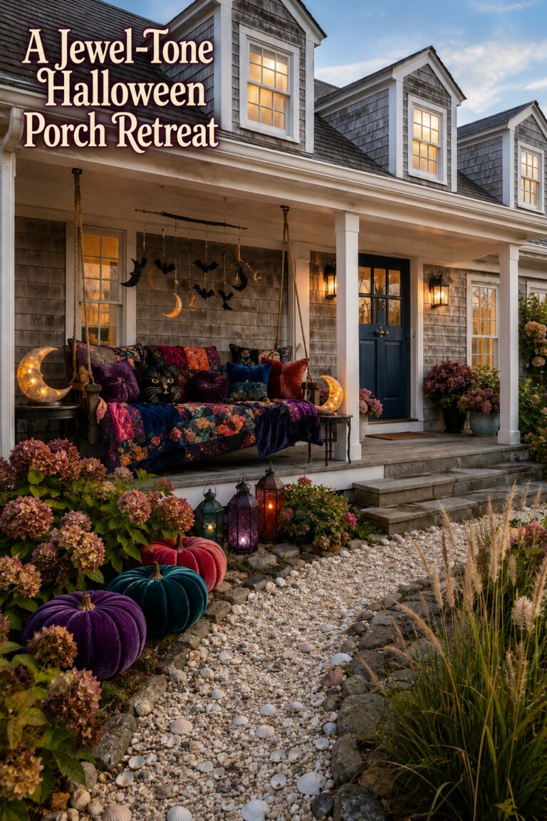 ewel tone Halloween porch retreat headline above a Cape Cod swing with velvet textiles crescent lights and garden pumpkins