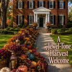 Jewel tone harvest welcome headline beside a Georgian walkway lined with pumpkins flowers and copper lanterns