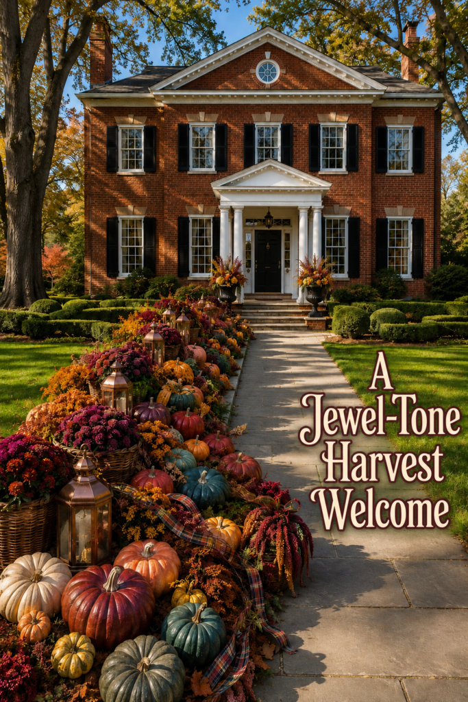 Jewel tone harvest welcome headline beside a Georgian walkway lined with pumpkins flowers and copper lanterns