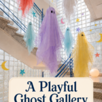 Playful Halloween ghost gallery with lavender aqua coral yellow and white figures in a modern stairwell