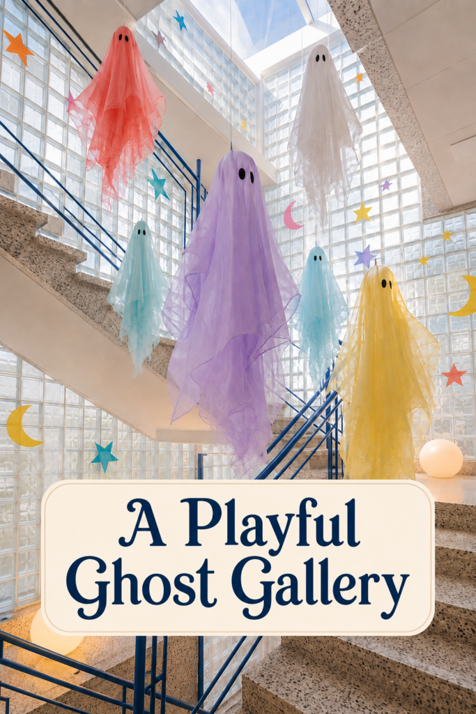 Playful Halloween ghost gallery with lavender aqua coral yellow and white figures in a modern stairwell
