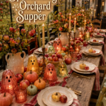 Spellbinding orchard supper title above a candlelit Halloween table filled with apples glowing ghosts and striped linens