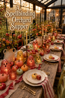 Spellbinding orchard supper title above a candlelit Halloween table filled with apples glowing ghosts and striped linens