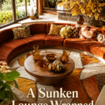 retro conversation pit dressed in autumn tones with a sunken lounge wrapped in fall headline