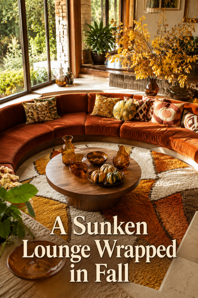 retro conversation pit dressed in autumn tones with a sunken lounge wrapped in fall headline